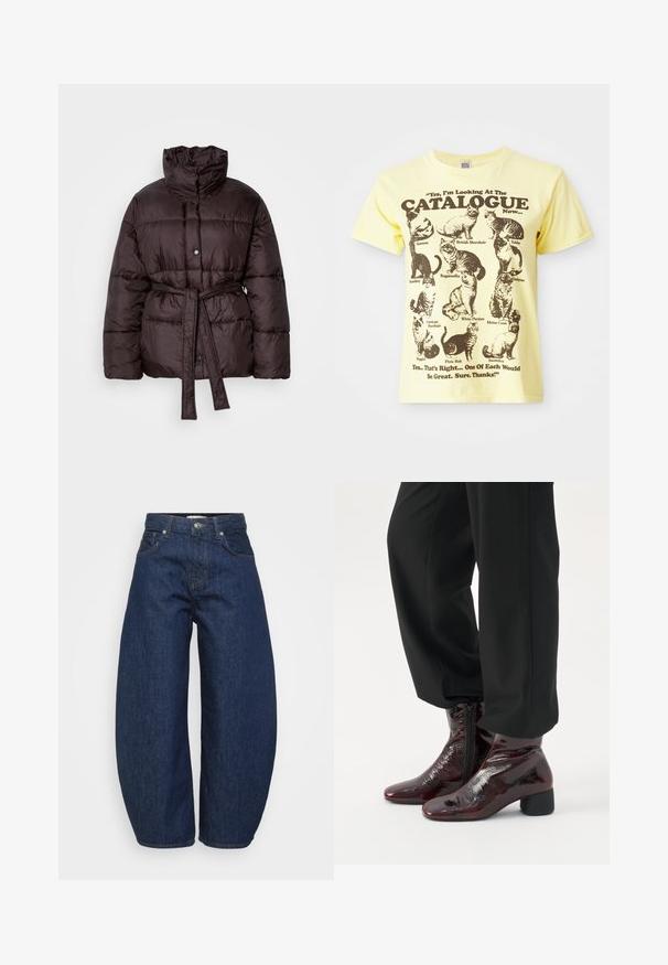Brun pufferjakke med høj krave, frontknaplukning og belted talje. Har kviltede sektioner til isolering og en glat overflade.; Gul bomulds T-shirt med illustrationer af sorte katte og teksten: "Ja, jeg kigger på KATALOGEN nu...". Rund hals, korte ærmer.; Mørkeblå denimjeans med en bred, afslappet pasform. Har lynlås, fire lommer og kontrastsyet syning langs sømmene.; Skinnende mørkerøde ankelstøvler med sidelommer, båret med løstsiddende sorte bukser mod en ensfarvet baggrund.