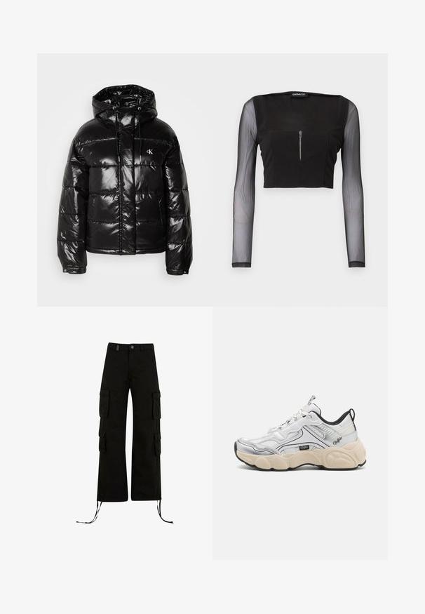 Sort pufferjakke med en blank finish, der har hætte, lynlås-lukning og elastiske manchetter. Bemærkelsesværdig logodetalje på brystet.; Sort crop top med firkantet halsudskæring, fremstillet i uigennemsigtigt stof med gennemsigtige lange ærmer. Frontlynlås tilføjer detalje til designet.; Sorte cargo bukser med en afslappet pasform, der har cargolommer på siderne, snøre i kanten og en knaplukning i taljen.; Hvid sportsko med mesh- og syntetiske paneler, sølvdetaljer, chunky creme farvet sål og kontrasterende sorte detaljer. Har snøresystem.