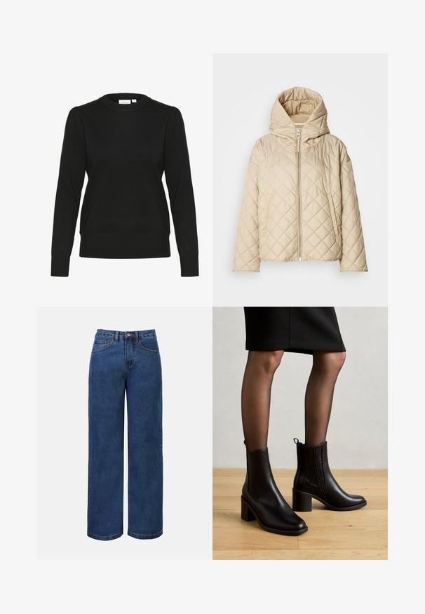 Beige quiltet dunjakke med hætte, der har en lynlås foran, to sidelommer og diagonalt syningsmønster. Glat tekstur.; Sort strikket sweater med lange ærmer, rund halsudskæring og ribbestrikkede manchetter og kant. Har diskrete puf ærmer for ekstra tekstur.; Mørkeblå denim bukser med bred benvidde og høj talje, der har knaplukning, bæltestropper samt for- og baglommer. Glat tekstur.; Anna Field Støvletter - black