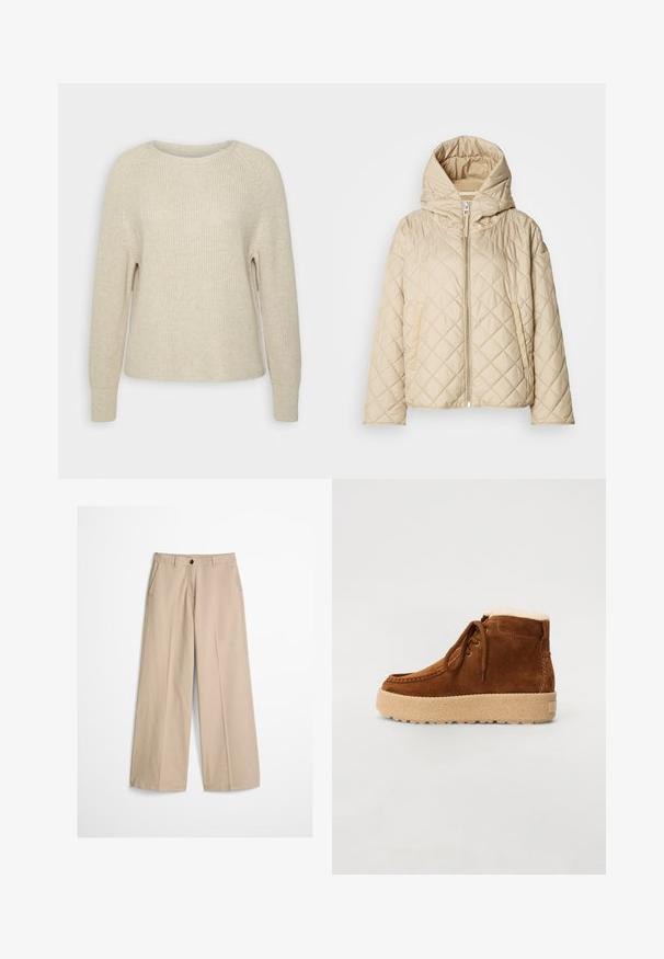 Beige quiltet dunjakke med hætte, der har en lynlås foran, to sidelommer og diagonalt syningsmønster. Glat tekstur.; Lyserød strikket sweater med rund halsudskæring, raglanærmer og ribbede manchetter. Teksturen er blød med en afslappet pasform og minimal detaljering.; Beige bukser med vide ben, forfløj, bæltestropper, knaplukning og en lille stofmærke på højre side af linningen.; Brune ruskinds ankelstøvle med snørebånd, fleeceforing og tekstureret gummisål, der har en syet detalje langs siden.