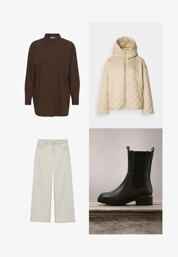 Beige quiltet dunjakke med hætte, der har en lynlås foran, to sidelommer og diagonalt syningsmønster. Glat tekstur.; Brun skjorte med knapper og klassisk krave, lange ærmer og en afslappet pasform. Lavet af glat bomuld med en ensartet tekstur.; Lysegrå bredbenede bukser med fem lommer, frontknaplukning og kontrastsyninger langs sømmen. Stoffet ser blødt og slidstærkt ud.; Sorte læderankelstøvler med glat overflade, elastiske sidepaneller og en chunky gummisål. Minimalistisk design med løkker til at tage dem af og på.