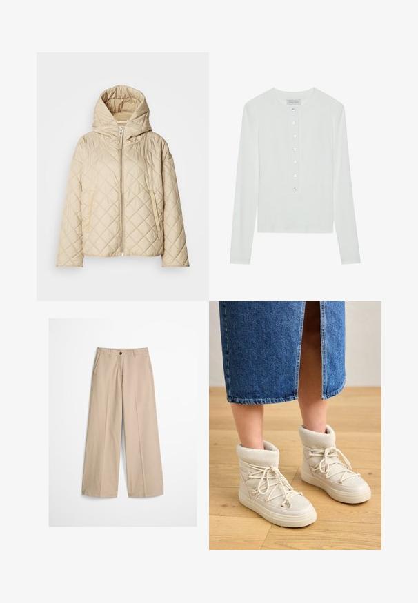 Veste matelassée beige avec capuche, dotée d'une fermeture éclair à l'avant, de deux poches latérales et d'un motif de couture en diagonale. Texture lisse.; Haut à manches longues blanc en tissu côtelé, avec un col rond et un devant boutonné comportant six boutons transparents.; Pantalon beige à jambes larges avec pli frontal, passants pour ceinture, fermeture par bouton et une petite étiquette en tissu sur le côté droit de la ceinture.; Bottes beiges à la cheville avec un doux revers en tricot et des lacets blancs. La semelle est épaisse et texturée, associée à une jupe en denim bleu.