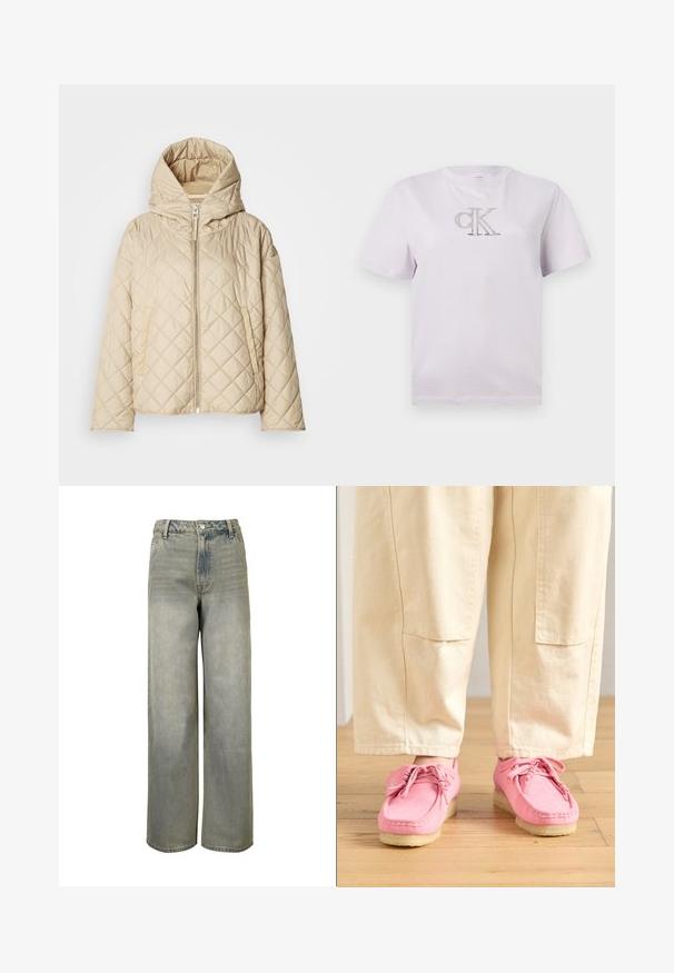 Beige quiltet dunjakke med hætte, der har en lynlås foran, to sidelommer og diagonalt syningsmønster. Glat tekstur.; Hvid t-shirt med korte ærmer, rund halsudskæring og lille "cK" logo centreret på brystet.; Vidde ben, lyseblå denimjeans med falmet tekstur, høj talje og fem-lomme-design. Har en metalknap og lynlås-lukning.; Lyserøde ruskinds mokkasiner med snørebånd, med en struktureret overflade og en lys beige gummisål, parret med beige bukser.