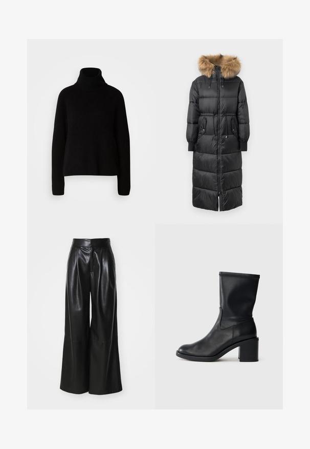 Sort lang puffer frakke med en aftagelig tan-farvet pelsforet hætte, elastiske manchetter og lynlås foran, der har to sidelommer og et indsnævret design i taljen.; Sort sweater med høj hals lavet af ribbet materiale; har lange ærmer og en afslappet pasform, som fremhæver et simpelt og klassisk design.; Sorte faux læder brede bukser med høj talje, plisseret foran og glat tekstur. Har et rent, minimalistisk design.; Sort læder ankelstøvle med rund tå, glat tekstur og en grov hæl, der har et tætsiddende skaft og subtil syning.
