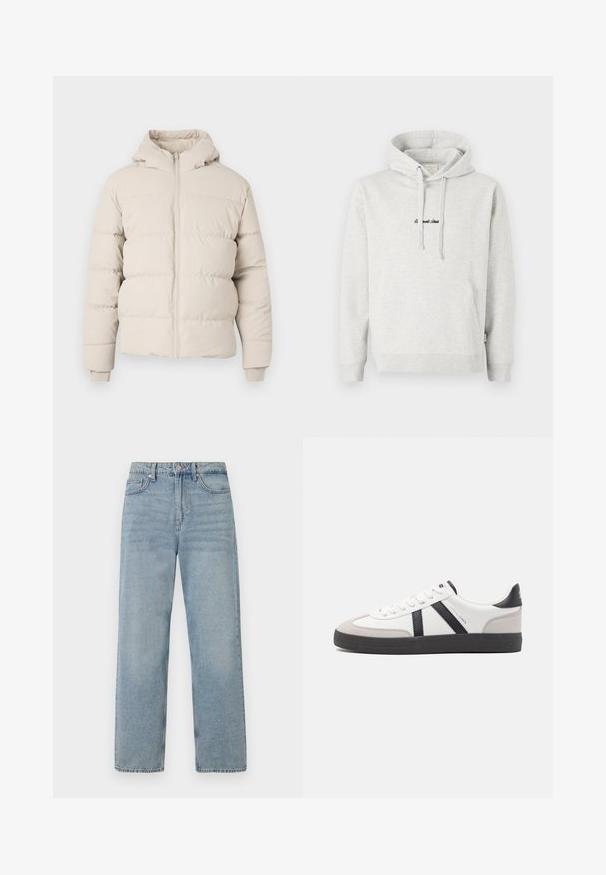 Veste en duvet beige clair avec capuche, présentant des sections matelassées horizontales, une fermeture éclair à l'avant et des poignets ajustés. Texture de tissu lisse.; Hoodie gris clair avec une poche kangourou, capuche avec cordon de serrage et texte brodé en noir sur le devant. Tissu en mélange de coton, poignets côtelés.; Jean en denim bleu clair à taille haute, coupe droite, avec cinq poches et un léger délavage pour un effet usé.; Baskets blanches avec des accents noirs et gris, présentant un embout texturé gris, une semelle en caoutchouc noir et des lacets plats blancs. Design épuré, style minimaliste.