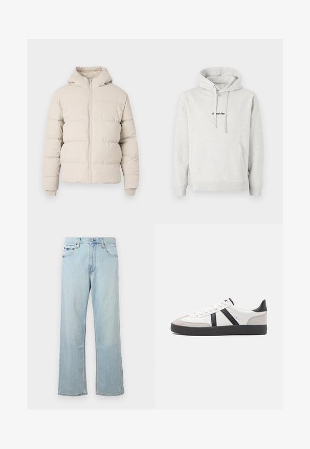 Chaqueta de plumas en beige claro con capucha, que presenta secciones acolchadas horizontales, un cierre frontal y puños ajustados. Textura de tela suave.; Sudadera gris claro con un bolsillo tipo canguro, capucha con cordón y texto bordado en negro en la parte delantera. Tejido de mezcla de algodón, puños acanalados.; Vaqueros de mezclilla azul claro con un diseño holgado y de pierna ancha. Cuenta con cinco bolsillos, presillas para cinturón y un cierre de cremallera con botón.; Zapatilla blanca con acentos en negro y gris, que presenta una puntera texturizada en gris, suela de goma negra y cordones planos blancos. Diseño limpio, estilo minimalista.