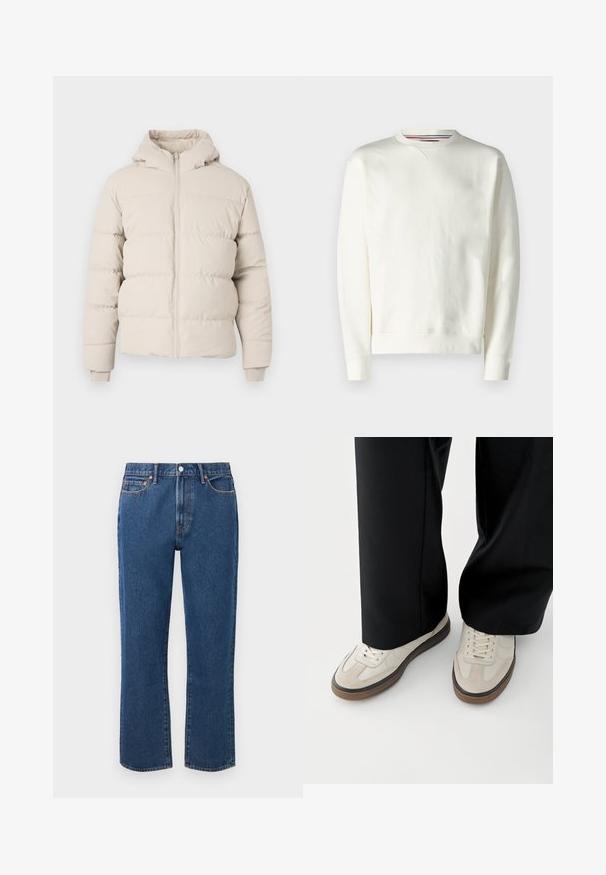 Puffermantel in hellbeige mit Kapuze, mit horizontalen Steppnähten, einem frontalen Reißverschluss und enganliegenden Bündchen. Glatte Stoffoberfläche.; Weißer Pullover mit Rundhalsausschnitt, gerippten Bündchen und einem subtilen Logodetail. Weiches Material mit glatter Textur und minimalistischem Design.; Blaue gerade Jeans aus Denim mit einem Knopfverschluss, fünf Taschen und kontrastierenden orangen Nähte.; Füße mit beigen Sneakers mit braunen Sohlen und schwarzen Hosen mit weitem Bein auf weißem Hintergrund.