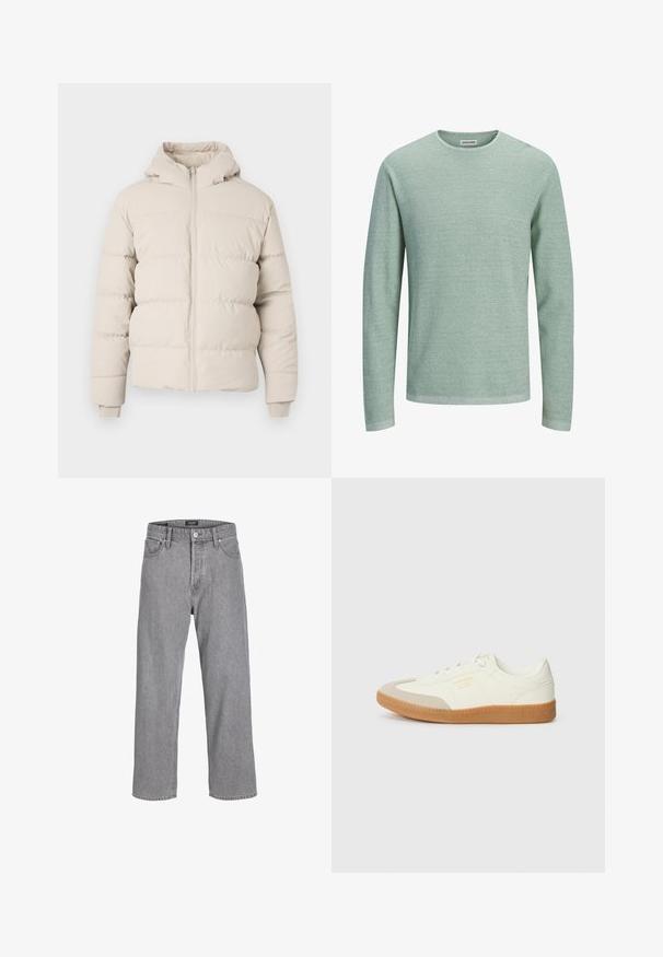 Puffermantel in hellbeige mit Kapuze, mit horizontalen Steppnähten, einem frontalen Reißverschluss und enganliegenden Bündchen. Glatte Stoffoberfläche.; Hellgrüner, strukturierter Pullover mit langen Ärmeln, rundem Halsausschnitt und kleinem Markenetikett innen im Kragen.; Graue Jeanshose mit einem lässigen, lockeren Schnitt. Verfügt über ein traditionelles Fünf-Taschen-Design und einen Knopfverschluss am Bund.; Sneaker aus weißem Leder mit einer beigen Zehenkappe und leichter brauner Gummisohle. Verfügt über flache weiße Schnürsenkel und geprägtes Branding an der Seite.