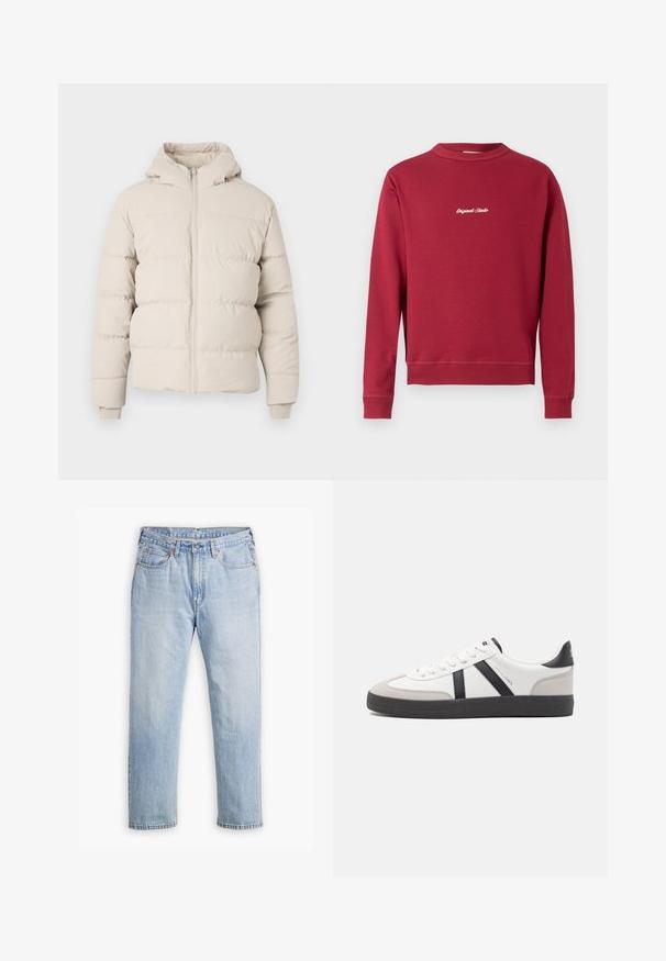 Puffermantel in hellbeige mit Kapuze, mit horizontalen Steppnähten, einem frontalen Reißverschluss und enganliegenden Bündchen. Glatte Stoffoberfläche.; Burgunderfarbener Sweatshirt aus Baumwollmischung mit Rundhalsausschnitt, gerippten Bündchen und Saum. Auf der Vorderseite befindet sich der weiße gestickte Text "Original Studio".; Helle blaue Denim-Jeans mit geradem Bein, im Fünf-Taschen-Stil und kontrastierenden Nähten. Knopf- und Reißverschluss an der Taille.; Weiße Sneaker mit schwarz- und grau-aczenten, ausgestattet mit einer strukturierten grauen Zehenkappe, schwarzer Gummi-Sohle und flachen weißen Schnürsenkeln. Sauberes Design, minimalistische Stil.