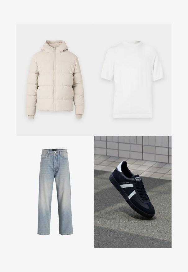 Puff jakke i lysebrun med hætte, med vandret quiltede sektioner, en frontlynlås og tætsiddende manchetter. Glat stofstruktur.; Hvid kortærmet strik t-shirt med rund halsudskæring, der har en glat overflade og ribbede detaljer ved kraven og kanten.; Lys blå denimjeans med lige ben design, falmet udseende, fem lommer og en knappelukning i taljen.; Sort lædersneaker med hvide striber, tekstureret gummisål og snørrebånd foran. Har et brandet mærke på tungen.
