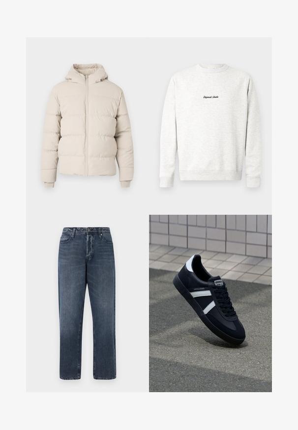 Puffer-takki vaaleassa beigesävyssä huppulla, vaakasuorilla tikkauksilla, edessä vetoketjulla ja joustavilla hihansuilla. Silkkinen kangas.; Harmaa crewneck-huppari, joka on valmistettu pehmeästä materiaalista. Etuosassa on pieni musta "Originals Studio" -logo ja ribatut hihansuut.; Jack & Jones Loose-fit JJIEDDIE JJORIGINAL SQ 227 - Baggy-farkut - blue denim; Mustat nahkakengät valkoisilla raidoilla, teksturoitu kumipohja ja nauha edessä. Varustettu merkkitarralla kielen päällä.