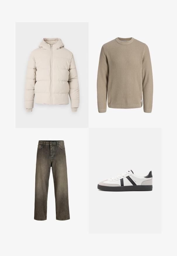Puffermantel in hellbeige mit Kapuze, mit horizontalen Steppnähten, einem frontalen Reißverschluss und enganliegenden Bündchen. Glatte Stoffoberfläche.; Beiger gerippter Strickpullover mit langen Ärmeln und rundem Ausschnitt, vor einem hellen Hintergrund dargestellt.; Dunkelgraue weit geschnittene Jeans mit einem verwaschenen Finish, Fünf-Taschen-Design, Knopfverschluss und Gürtelschlaufen. Hergestellt aus strapazierfähigem Denim-Stoff.; Weiße Sneaker mit schwarz- und grau-aczenten, ausgestattet mit einer strukturierten grauen Zehenkappe, schwarzer Gummi-Sohle und flachen weißen Schnürsenkeln. Sauberes Design, minimalistische Stil.