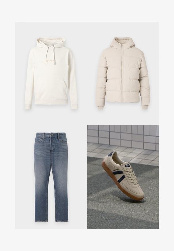 Pufferjack in lichtbeige met een capuchon, voorzien van horizontaal doorgestikte secties, een ritssluiting aan de voorkant en aansluitende manchetten. Glad stoftextuur.; Beige hoodie gemaakt van katoen, met een kangoeroezak, een capuchon met trekkoord en geborduurde "Originals" tekst op de borst.; Donkerblauwe denim jeans met rechte pijpen, voorzien van een vervaagde was, vijf zakken en hardware in kopertint. Een schone, klassieke uitstraling.; Beige sneaker met een textuurafwerking, marineblauwe strepen en een rubberen zool. Heeft een gevoerde tong en een traditioneel vetersysteem voor een veilige pasvorm.