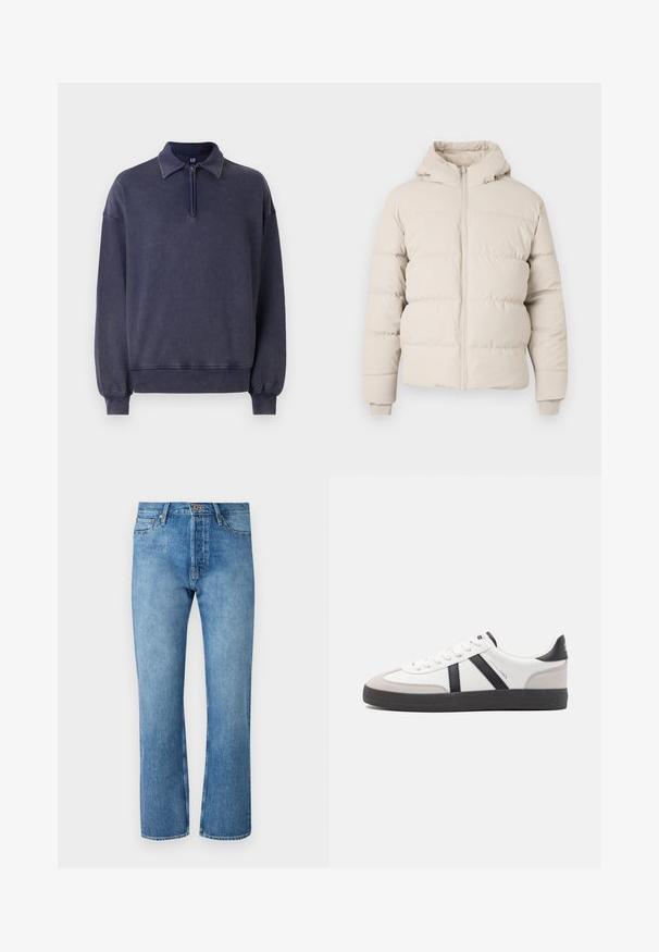 Pufferjack in lichtbeige met een capuchon, voorzien van horizontaal doorgestikte secties, een ritssluiting aan de voorkant en aansluitende manchetten. Glad stoftextuur.; Navyblauwe sweatshirt met een halve rits kraag, relaxte pasvorm en ribgebreide manchetten. Gemaakt van zacht materiaal met een gestructureerde afwerking.; Lichtblauwe denimjeans met een recht model, voorzien van een klassieke vijf-pocketontwerp, een knoopsluiting en contrasterende stiksels.; Witte sneaker met zwarte en grijze accenten, voorzien van een grijze neus met textuur, zwarte rubberen zool en platte witte veters. Schoon ontwerp, minimalistische stijl.