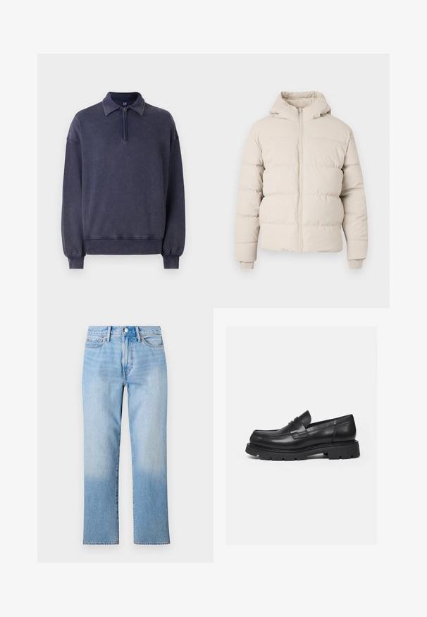 Puff jakke i lysebrun med hætte, med vandret quiltede sektioner, en frontlynlås og tætsiddende manchetter. Glat stofstruktur.; Marineblå sweatshirt med halv-zip krave, afslappet pasform og ribbede manchetter. Lavet af blødt materiale med en tekstureret overflade.; Lys blå denim jeans med lige ben-design, der har en falmet vask, standard fem-lomme styling og en klassisk knaplukning.; Sort læderloafer med tyk rillede sål og penny-remdetalje, vist i højre sideprofil på hvid baggrund.