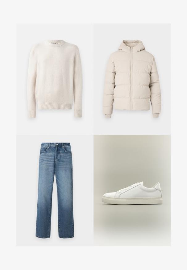 Veste en duvet beige clair avec capuche, présentant des sections matelassées horizontales, une fermeture éclair à l'avant et des poignets ajustés. Texture de tissu lisse.; Pull léger beige avec un col rond et des poignets côtelés. Tissu doux avec des manches longues et un ourlet droit. Design minimaliste.; Jean en denim bleu avec une coupe droite, présentant un délavage, des passants de ceinture, cinq poches et une fermeture à bouton classique.; Baskets blanches basses à lacets sur l’avant et semelle épaisse, vues de côté sur un fond neutre.