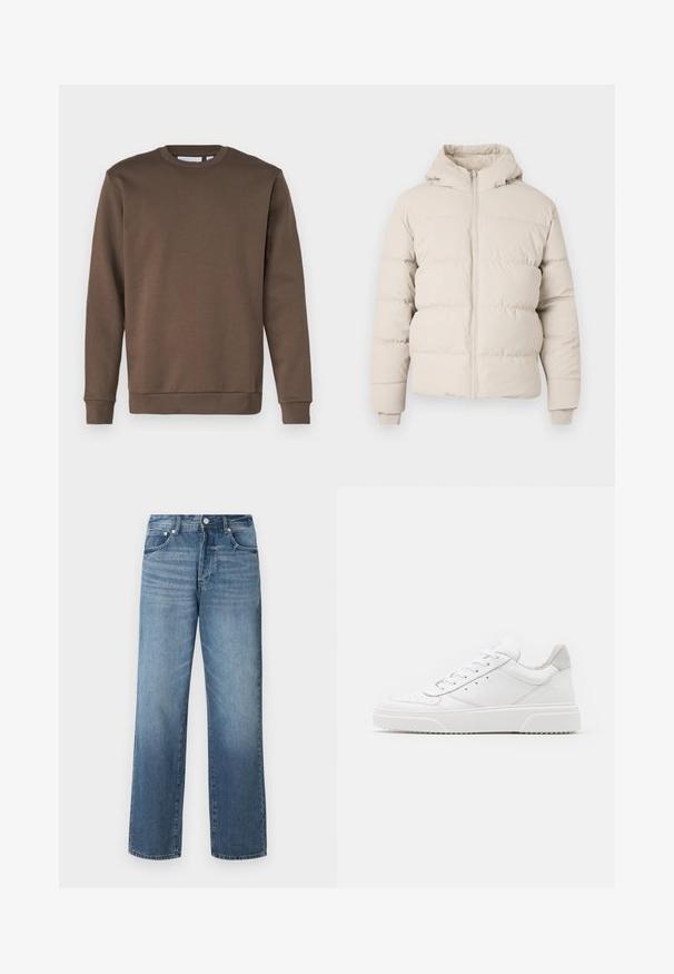 Puffermantel in hellbeige mit Kapuze, mit horizontalen Steppnähten, einem frontalen Reißverschluss und enganliegenden Bündchen. Glatte Stoffoberfläche.; Only & Sons ONSCERES CREW NECK - Sweatshirt - major brown; Blaue Denim-Jeans mit geradem Bein, ausgestattet mit einer verwaschenen Optik, Gürtelschlaufen, fünf Taschen und einem klassischen Knopfverschluss.; Weiße Leder-Sneaker mit glatter Oberfläche, rundem Zehenbereich, flachen Schnürsenkeln und strukturiertem Schuhsohlen. Graues Wildleder-Detail an der Ferse.