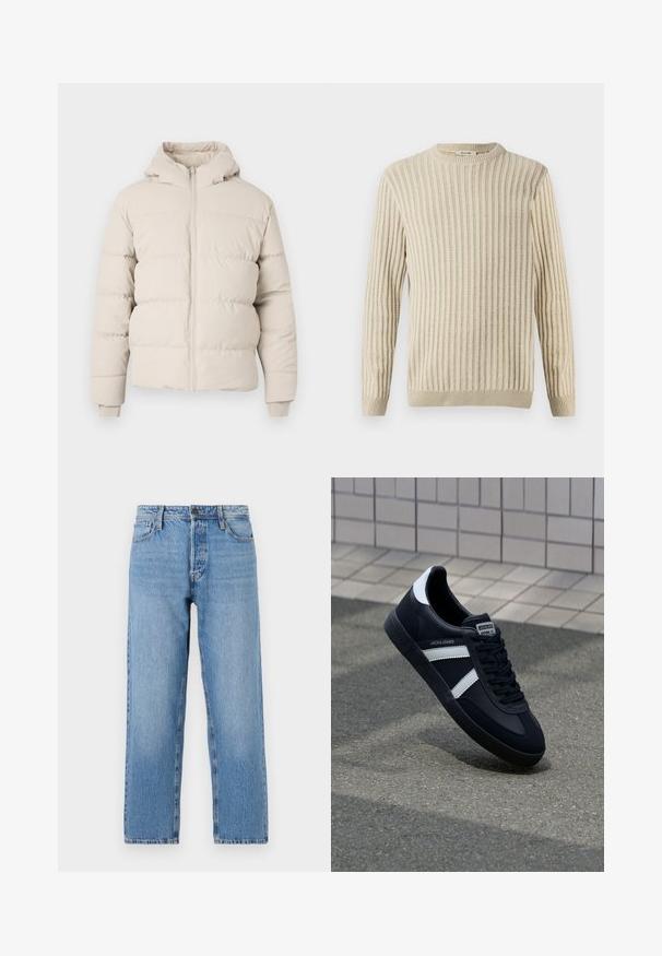 Puff jakke i lysebrun med hætte, med vandret quiltede sektioner, en frontlynlås og tætsiddende manchetter. Glat stofstruktur.; Only & Sons ONSBRANT CREW KNIT - T-shirts print - beige; Lyseblå denimjeans med lige ben, der har en knap- og lynlås lukning, fem lomme-stil og subtilt slid.; Sort lædersneaker med hvide striber, tekstureret gummisål og snørrebånd foran. Har et brandet mærke på tungen.