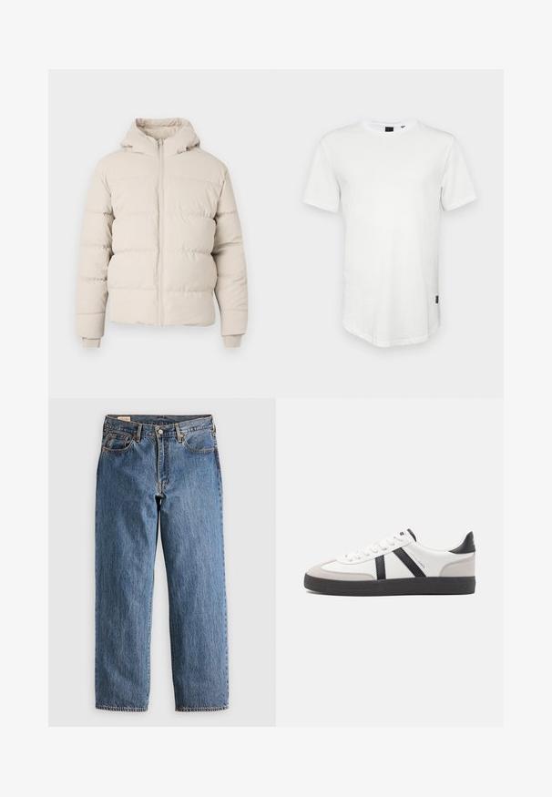 Pufferjack in lichtbeige met een capuchon, voorzien van horizontaal doorgestikte secties, een ritssluiting aan de voorkant en aansluitende manchetten. Glad stoftextuur.; Witte t-shirt met korte mouwen, gemaakt van katoen, met een ronde halslijn en een iets verlengde achterkant, voorzien van een klein logo-accent aan de zijkant.; Blauwe denim jeans met een rechte snit, met een hoge taille, koperen klinknagels en oranje stiksels. Voor- en achterzakken inbegrepen.; Witte sneaker met zwarte en grijze accenten, voorzien van een grijze neus met textuur, zwarte rubberen zool en platte witte veters. Schoon ontwerp, minimalistische stijl.