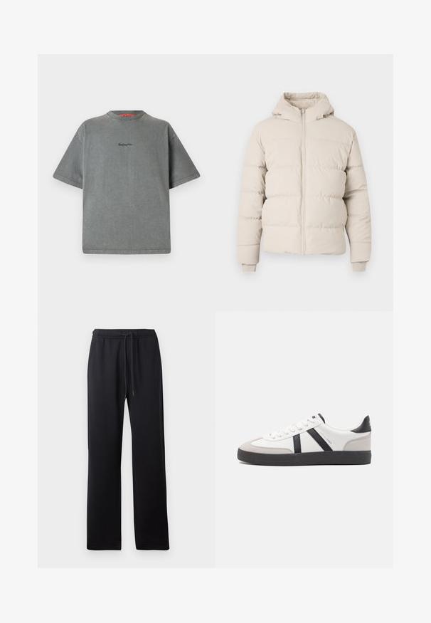 Puffermantel in hellbeige mit Kapuze, mit horizontalen Steppnähten, einem frontalen Reißverschluss und enganliegenden Bündchen. Glatte Stoffoberfläche.; Replay Inc. T-Shirt basic - stoned grey; Abercrombie & Fitch ESSENTIAL BAGGY OPEN HEM CASUAL - Jogginghose - black; Weiße Sneaker mit schwarz- und grau-aczenten, ausgestattet mit einer strukturierten grauen Zehenkappe, schwarzer Gummi-Sohle und flachen weißen Schnürsenkeln. Sauberes Design, minimalistische Stil.
