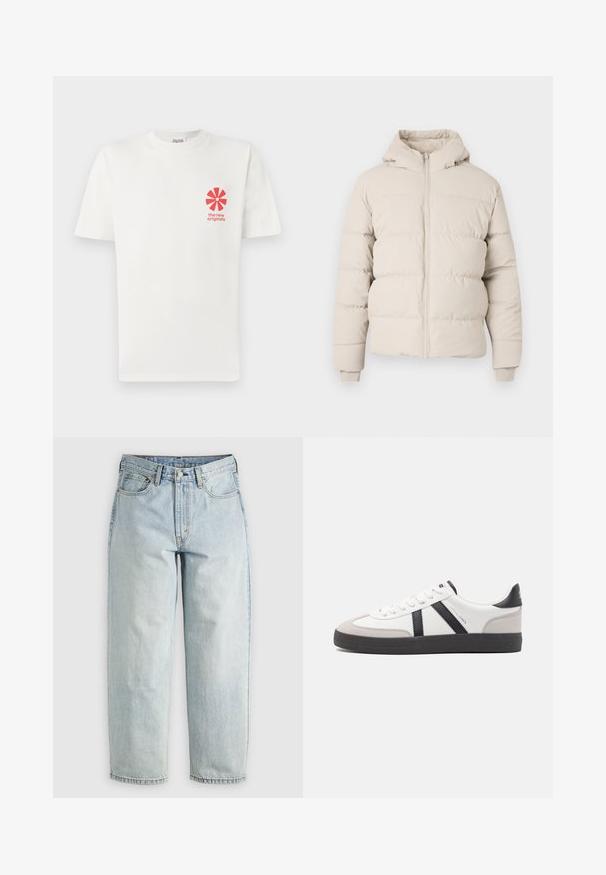 Pufferjack in lichtbeige met een capuchon, voorzien van horizontaal doorgestikte secties, een ritssluiting aan de voorkant en aansluitende manchetten. Glad stoftextuur.; Witte katoenen T-shirt met een rode grafische bloemenontwerp op de linkerkant van de borst, met de tekst "de nieuwe originelen" eronder. Korte mouwen, ronde hals.; Lichtblauwe denim jeans met een rechtBeen, vijf zakken en een knoopsluiting; heeft vervaagde gebieden en subtiele stikdetails.; Witte sneaker met zwarte en grijze accenten, voorzien van een grijze neus met textuur, zwarte rubberen zool en platte witte veters. Schoon ontwerp, minimalistische stijl.