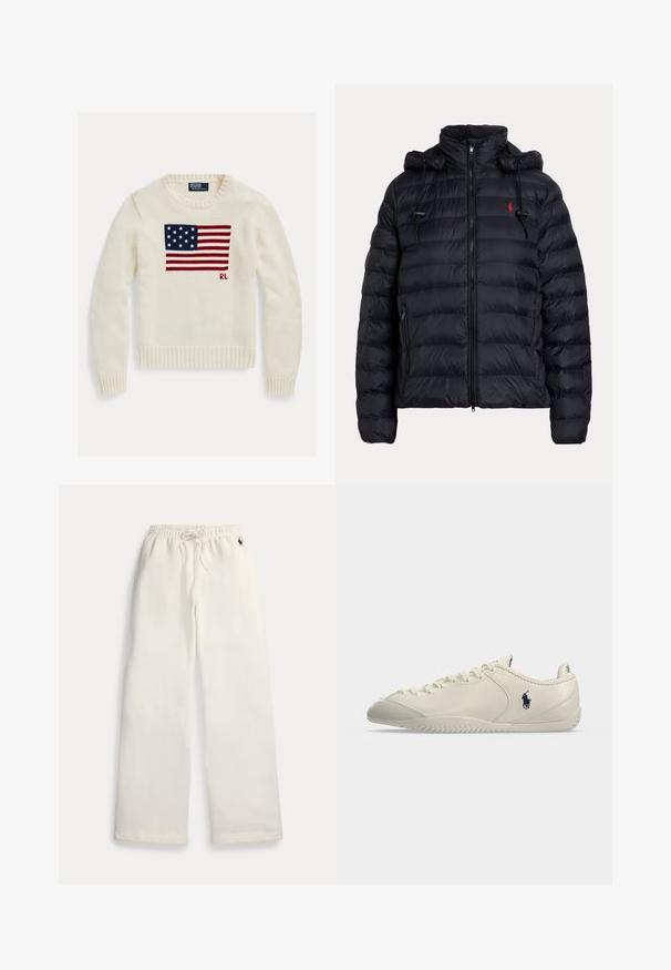 Chaqueta acolchada negra con cremallera frontal, bolsillos laterales con cremallera, capucha ajustable con cordones y pequeño logo rojo bordado en el pecho.; Jersey de punto color crema con la bandera americana tejida a lo largo del pecho y pequeñas iniciales "RL" debajo de la bandera en el lado derecho.; Pantalones deportivos blancos de pierna ancha con cintura elástica, cordón, bolsillos laterales y pequeño logo azul marino cerca del bolsillo derecho.; Zapatilla de cuero crema de perfil bajo con cordones en la parte delantera, suela texturizada y logotipo negro del jugador de Polo en el lateral.