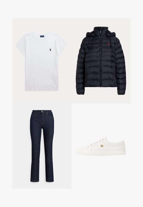 Sort quiltet dunjakke med frontlynlås, sidelommer med lynlås, justerbar hætte med snore og lille rødt broderet logo på brystet.; Hvid t-shirt med korte ærmer og rund hals med lille navyblåt Polo Ralph Lauren-logo på venstre bryst.; Mørkeblå denimjeans med lige ben, høj talje, diskrete syningsdetaljer og en klassisk fem-lomme-stil.; Lauren Ralph Lauren JANSON II CANVAS SNEAKER - Sneakers - optic white