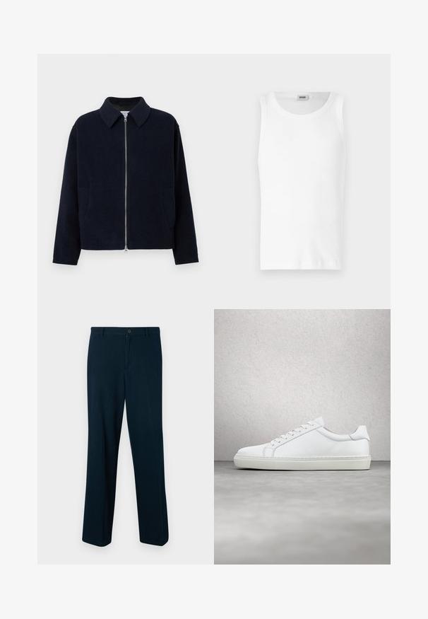 Veste zippée bleu foncé en tissu texturé. Présente un col et deux poches latérales. Design simple et structuré.; Débardeur en coton blanc sans manches avec un col rond et une texture lisse. Design simple, sans motifs ni accents.; Pantalons bleu marine en tissu lisse, dotés d'une fermeture à bouton, d'une coupe droite et d'un design minimaliste.; Sneaker blanche avec une tige en cuir lisse et un profil bas. Présente un bout arrondi, six œillets et une semelle en caoutchouc texturé.