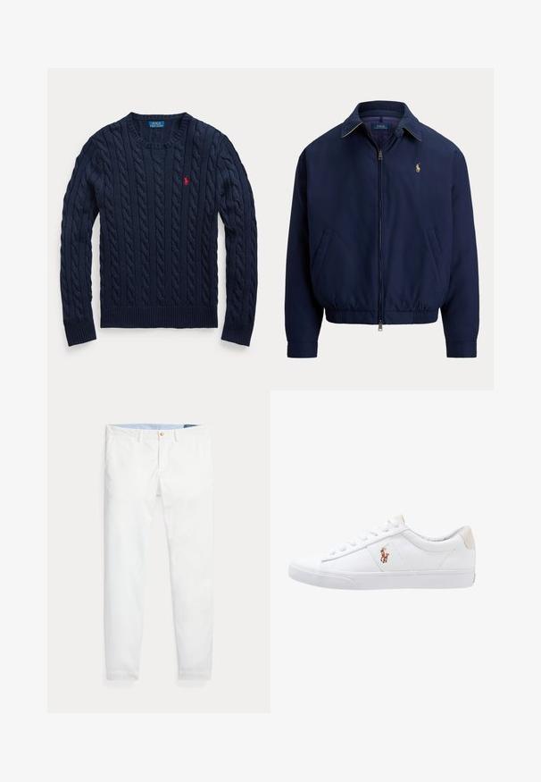 Marineblauwe jas met rits, kraag, elastische taille, zijzakken en klein geborduurd logo op de linkerborst.; Marineblauwe kabelgebreide trui met ronde hals, lange mouwen en een klein rood geborduurd Polo Ralph Lauren-logo op de linkerborst.; Witte katoenen chino's met een slim fit, voorzien van een enkele gouden knoopsluiting en een lichtblauwe binnenband. Gladde textuur zonder patronen.; Witte canvas sneakers met een laag ontwerp, featuring een beige hieltab en een klein geborduurd logo aan de zijkant. Rubber zool.