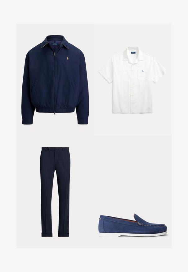 Marineblauwe jas met rits, kraag, elastische taille, zijzakken en klein geborduurd logo op de linkerborst.; Wit kortärmd shirt van katoen, met een geknotte kraag, knopen aan de voorkant en een klein blauw logo op het borstzakje.; Marineblauwe nette broek met een gladde textuur, flat front, met kreukels, riemlussen en omslagen aan de zoom. Gemaakt van een lichtgewicht stof.; Blauwe suède loafer met witte zool en beige stiksels langs de bovenrand, afgebeeld tegen een effen witte achtergrond.