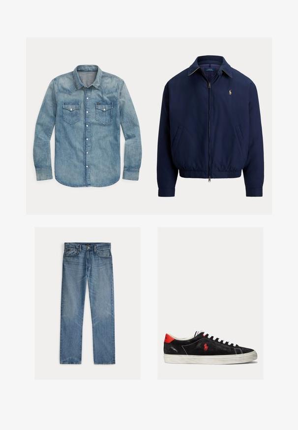 Marineblauwe jas met rits, kraag, elastische taille, zijzakken en klein geborduurd logo op de linkerborst.; Lichtblauw denim overhemd met lange mouwen, knoopsluiting aan de voorkant, twee borstzakken met kleppen en een puntige kraag.; Lichtblauwe spijkerbroek met een rechte snit, voorzien van vijf zakken, een knoopsluiting en subtiele vervagingen in de stof.; Zwarte suede sneakers met witte veters, rode accenten op de hak en een klein rood logo. Beschikt over een platte rubberen zool en eenvoudige stiksels.