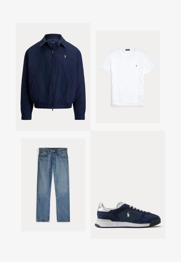 Marineblaue Jacke mit Reißverschluss, Kragen, elastischem Bund, Seitentaschen und kleinem gesticktem Logo auf der linken Brust.; Weißes T-Shirt mit Rundhalsausschnitt und kurzen Ärmeln, mit kleinem gesticktem Polo Ralph Lauren Logo auf der linken Brust und blauem Markenetikett innen am Kragen.; Hellblaue Jeans aus Denim mit geradem Schnitt, fünf Taschen, Knopfleiste und dezenten Verwaschungen im Stoff.; Herren Polo Sneaker in Marineblau und Weiß mit Velours- und Mesh-Einsätzen, weißen Schnürsenkeln und Polo-Logo an der Seite und Ferse.