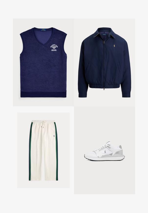 Marineblauwe jas met rits, kraag, elastische taille, zijzakken en klein geborduurd logo op de linkerborst.; Marineblauwe mouwloze poloshirt van terrycloth; heeft een v-hals, geribde halslijn en een wit logo met tennisrackets.; Witte sweatpants met trekkoord, met marineblauwe en groene zijstrepen en een klein marineblauw polo speler logo op de rechterdij.; Wit-zilveren lage sneaker met mesh- en leren panelen, veterluiting, gestructureerde zwarte zool en subtiel merklogo op de zijkant.
