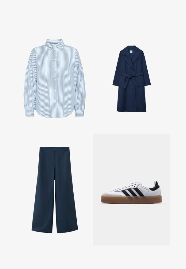 Navyblauer langer Wollmantel mit breiten Revers, zweireihigen Knöpfen, Seitentaschen und einem gebundenen Gürtel in der Taille.; Hellblau-weiße gestreifte Hemdbluse mit Kragen, lockerer Passform, luftigen Ärmeln und geknöpften Handgelenken. Aus leichtem Stoff gefertigt.; Marineblaue Hosen mit weitem Bein und elastischem Bund. Hergestellt aus einem glatten, leichten Stoff, mit einer legeren Silhouette und ohne sichtbare Nähte.; Weiße Leder Sneakers mit schwarzen Streifen, Gummigummi-Außensohle, runder Zehenform, Schnürverschluss und weichem grauem Wildleder-Zehenkappe.