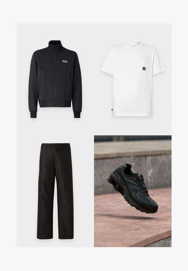 Čierna zipsová bunda vyrobená z hladkej, elastickej tkaniny. S vysokým golierom, bočnými vreckami a malým bielym logom na hrudi.; Biele bavlnené tričko s okrúhlym výstrihom, krátkymi rukávmi a náprsným vreckom s čiernou logovou nášivkou. Hladká textúra, uvoľnený strih.; Čierne široké nohavice vyrobené z hladkej látky, s plochým predným dielom, pútkami na opasok a dvoma bočnými vreckami. Červený logo značky zdobí stranu.; Čierna atletická teniska s viditeľnou medzipodrážkou s air cushioning, ktorá visí nad ružovým kamenným povrchom s pozadím sivej kamennej steny.