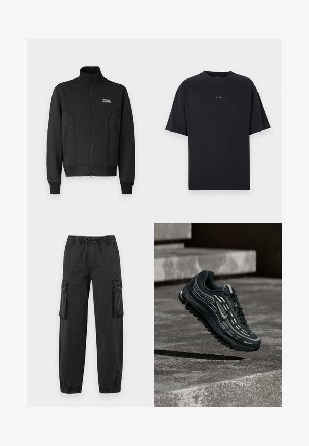 Zwarte zip-up jas van gladde, rekbare stof. Heeft een hoge kraag, zijzakken en een klein wit logo op de borst.; Oakley RISE TEE - T-shirt basic - blackout; Zwarte cargobroek van textuurstof met een elastische tailleband en trekkoord. Voorzien van zijzakken en elastische boorden bij de enkels.; Zwarte en grijze Nike Air Max sneaker zwevend boven grijze betonnen trappen met een gestructureerde achtergrond van de grond.