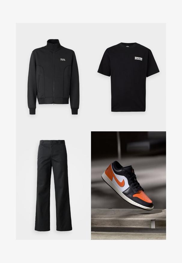 Sort lynlåsjakke lavet af glat, strækbart stof. Har høj krave, sidelommer og et lille hvidt logo på brystet.; Sort T-shirt med korte ærmer og hvid "DICKIES" tekstlogo på venstre bryst, vist på en ensfarvet lys baggrund.; Sorte bredbuks i et glat stof. Har en knaplukning, bæltestropper og sidelommer. Ren, skræddersyet silhuet.; Sorte lædersneakers med orange og hvide accenter. Har perforeret tå, tyk sål og snørebåndsdesign. Nike-logo på siden.
