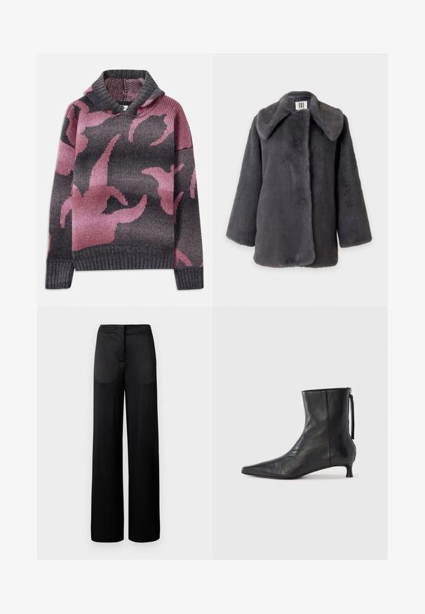 Manteau mi-long en fausse fourrure gris foncé avec large col et manches longues, présenté sur un fond clair uni.; Pull en laine avec une capuche, mélange de couleurs grises et roses, avec un motif de formes abstraites. Poignets et ourlet côtelés.; Pantalons noirs à jambes larges avec une surface texturée, dotés d'une taille plate et de deux poches latérales. Le tissu semble léger et fluide.; Bottine en cuir noir à bout pointu, forme structurée et petit talon. Dispose d'une fermeture éclair latérale et d'un design minimaliste.