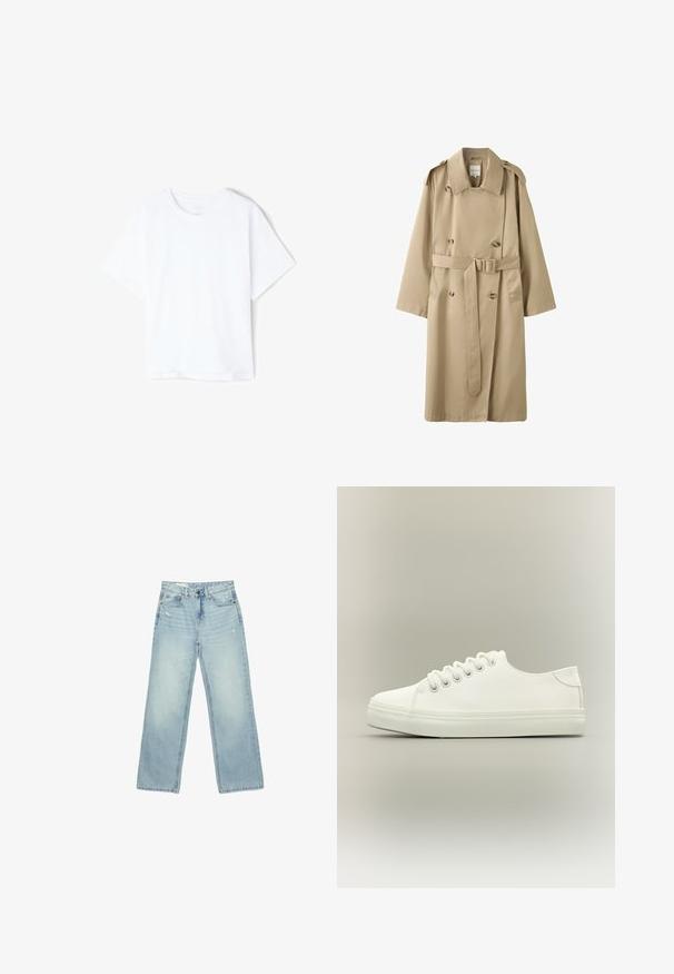 Beige dobbeltradet trenchcoat med brede revers, skulderstropper, knapdetaljer og et matchende bælte i taljen.; Enkelt hvid bomulds T-shirt med korte ærmer og rund hals, vist fladt på en hvid baggrund.; Lyseblå højtaljede brede jeans med let slid på forlommer og lår, knaplukning og design med fem lommer.; Hvid lavtop sneaker med hvide snørebånd og gummisål vist fra siden på en neutral baggrund.