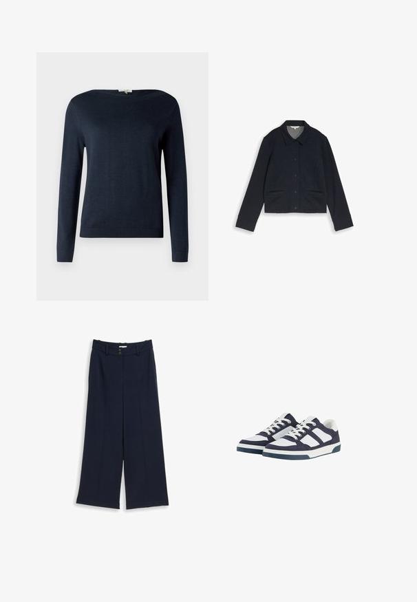 Veste noire boutonnée avec col, manches longues et deux poches fendues à l'avant, posée à plat sur un fond blanc.; Pull en tricot bleu marine à manches longues et col rond, avec des poignets et un ourlet côtelés, présenté sur un fond blanc uni.; Pantalon large marine avec passants pour ceinture, deux boutons à l'avant, et un design épuré et ajusté.; Baskets en toile bleu marine et blanches au design basse, avec des fermetures à lacets, des semelles en caoutchouc et des accents rayés contrastés.