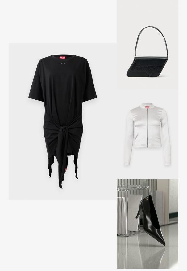 Veste zippée en satin blanc avec des manches longues, design ajusté, col côtelé et détail de logo rouge au niveau du cou. Texture lisse avec un reflet minimal.; Robe t-shirt en coton noir à manches courtes, avec un détail noué à la taille et une étiquette logo. Texture douce et coupe décontractée.; Chaussure noire à talon haut avec bout pointu et logo doré, posée sur une surface réfléchissante près d'un organiseur de dossiers en fil chromé contenant des documents.; Sac d'épaule en cuir noir de forme triangulaire, avec un logo embossé et une seule bandoulière réglable. Design minimaliste avec une texture lisse.