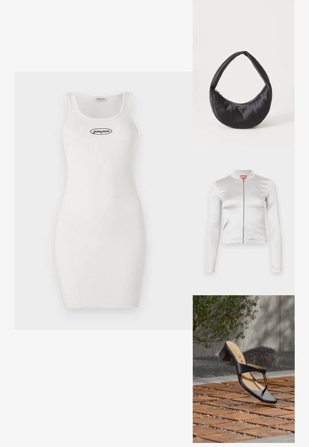 Weißes Satin-Zip-Up-Jackett mit langen Ärmeln, figurbetontem Design, geripptem Kragen und rotem Logo-Detail am Hals. Glatte Textur mit minimalem Glanz.; Weißes, geripptes Bodycon-Kleid mit Rundhalsausschnitt und dünnen Trägern, auf der Vorderseite mit einem schwarzen, gestickten "guess.jeans"-Logo.; Schwarze Sandalette mit Absatz, Zehenschlaufe und goldenem Akzent, auf einer Holz- und Steinpflasteroberfläche im Freien nahe Grünflächen platziert.; Schwarze Satin-Handtasche mit geschwungener Form, ausgestattet mit einem Reißverschluss und einem dreieckigen Metallsymbol auf der Vorderseite. Glatte Textur und elegantes Design.