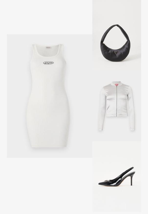 Hvid satin zip-up jakke med lange ærmer, tætsiddende design, ribbet krave og rødt logo ved nakken. Glat tekstur med minimal glans.; Hvid ribbet bodycon-kjole med rund halsudskæring og tynde stropper, der har et sort broderet "guess.jeans" logo på forsiden.; Sorte patenterede læderslingback hæle med spids tå, slank stiletto-hæl og dekorativ pynt på vampen.; Sort satin håndtaske med en buet form, der har en lynlåslukning og et trekantet logo i metal på forsiden. Glat tekstur og slankt design.