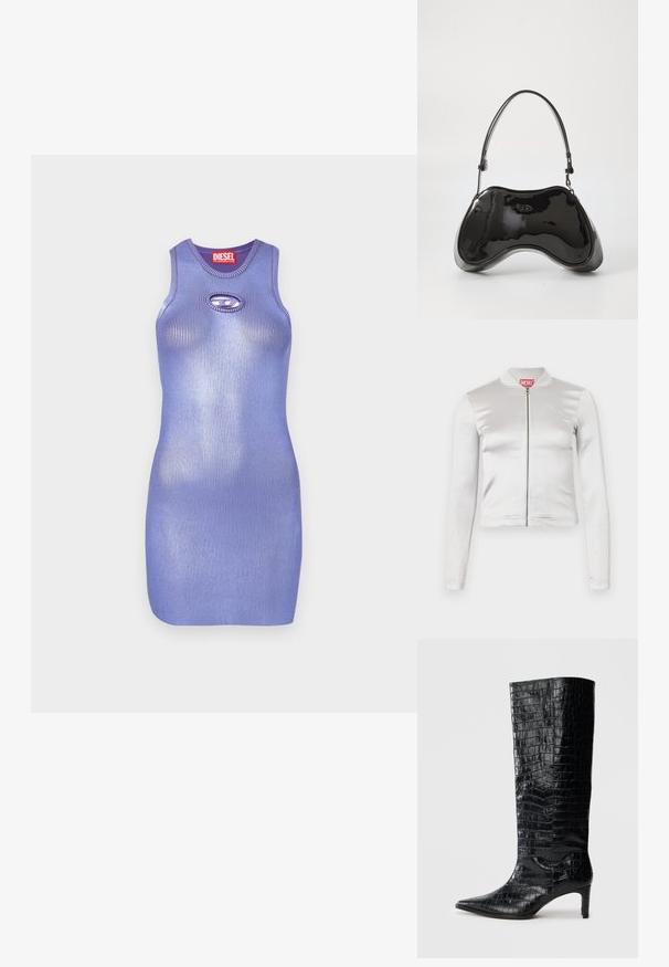 Hvid satin zip-up jakke med lange ærmer, tætsiddende design, ribbet krave og rødt logo ved nakken. Glat tekstur med minimal glans.; Lilla ribbede strikkjakke med rund halsudskæring og nøglehul-details. Slankt, tætsiddende design. Mærkenavn vist på etiketten.; Sorte knæhøje støvler med en blank, krokodillemønstret tekstur, spids tå og en affaset hæl. Glat syntetisk materiale.; Sort patentlæder håndtaske med en unik buet form, kort justerbar hank og en lynlåslukning i toppen. Glat tekstur med diskret branding.