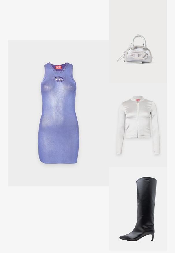 Veste zippée en satin blanc avec des manches longues, design ajusté, col côtelé et détail de logo rouge au niveau du cou. Texture lisse avec un reflet minimal.; Robe en maille côtelée violette avec un col rond et détail de découpe en forme de clé. Design élégant et cintré. Nom de la marque affiché sur l'étiquette.; Botte en cuir noire montant jusqu'au genou avec un bout pointu et un talon haut et mince. Texture lisse avec un minimum de métal et le logo de la marque près du haut.; Petit sac à main blanc avec double poignée, logo ovale cousu à l'avant et bracelet de poignet détachable sur fond clair.