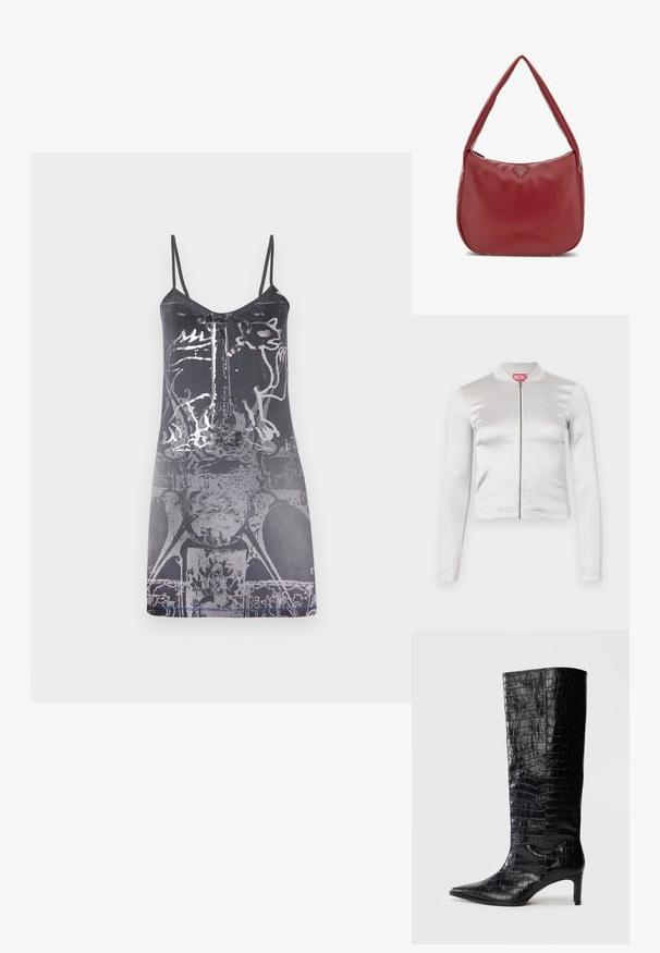Chaqueta blanca de satén con cremallera, de mangas largas, diseño ajustado, cuello acanalado y detalle del logo rojo en el cuello. Textura suave con un brillo mínimo.; Vestido negro sin mangas con tirantes finos, con un patrón gráfico abstracto en gris claro y una textura suave, a la altura de la rodilla.; Botas negras de media caña con textura brillante de patrón de cocodrilo, punta afilada y tacón cónico. Material sintético liso.; Bolso hobo de cuero rojo con una textura suave, una única correa curva y un acento de logo metálico en la parte delantera. Cuenta con un cierre de cremallera.