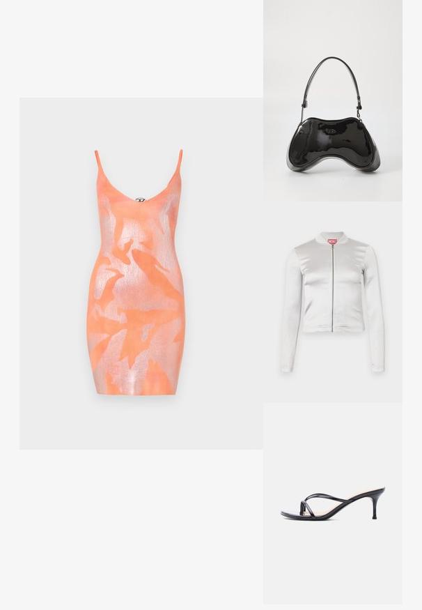 Chaqueta blanca de satén con cremallera, de mangas largas, diseño ajustado, cuello acanalado y detalle del logo rojo en el cuello. Textura suave con un brillo mínimo.; Vestido bodycon de punto en naranja con una superposición brillante. Presenta tirantes finos, un escote en V profundo y un patrón de hojas. Textura suave en general.; Sandalia de tacón de charol negro con tiras finas cruzadas y un tacón de aguja delgado de altura media, sobre un fondo blanco.; Bolso de mano de piel sintética negra con un diseño curvado único, asas cortas y ajustables, y abertura con cremallera en la parte superior. Textura suave con una sutil marca.