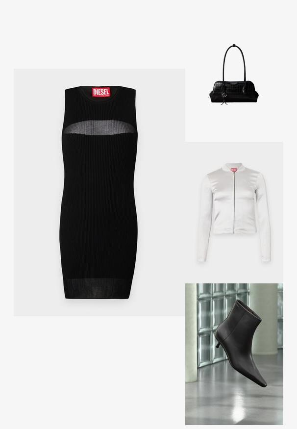 Veste zippée en satin blanc avec des manches longues, design ajusté, col côtelé et détail de logo rouge au niveau du cou. Texture lisse avec un reflet minimal.; Robe sans manches noire avec texture côtelée, présentant une découpe semi-transparente au niveau de la poitrine. L'étiquette indique "DIESEL" en rouge gras.; Bottine en cuir noir avec bout pointu et petit talon, présentée devant un mur en blocs de verre et un sol poli.; Sac à épaule en cuir noir à texture crocodile, avec de longues sangles et un petit charm logo argenté sur une sangle.