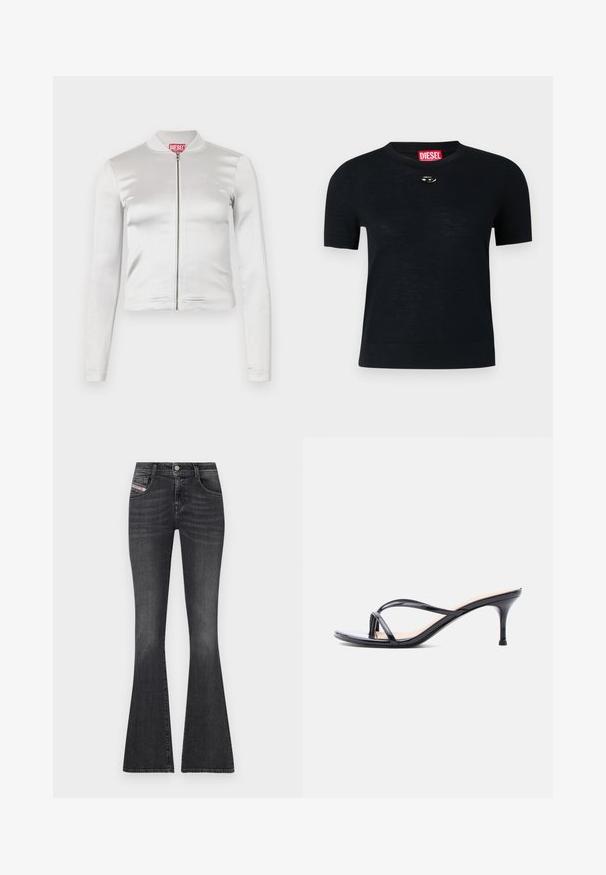 Chaqueta blanca de satén con cremallera, de mangas largas, diseño ajustado, cuello acanalado y detalle del logo rojo en el cuello. Textura suave con un brillo mínimo.; Camiseta negra de manga corta con cuello redondo, confeccionada en tejido suave, que presenta un acento plateado redondeado cerca del escote y una etiqueta roja.; Jeans de denim gris oscuro con corte acampanado, cintura alta, diseño de cinco bolsillos, herrajes plateados y un desvanecimiento sutil. Presenta una etiqueta de marca en el lateral.; Sandalia de tacón de charol negro con tiras finas cruzadas y un tacón de aguja delgado de altura media, sobre un fondo blanco.
