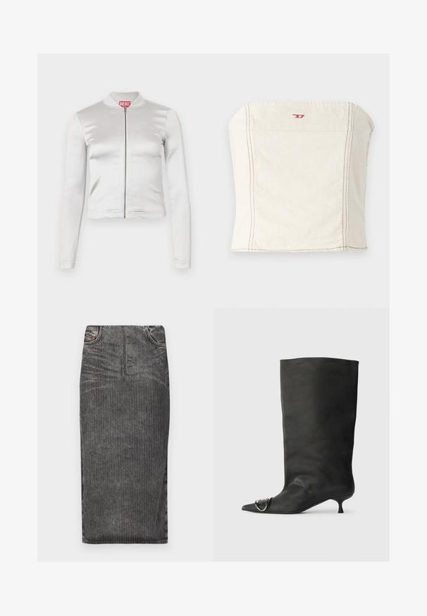 Weißes Satin-Zip-Up-Jackett mit langen Ärmeln, figurbetontem Design, geripptem Kragen und rotem Logo-Detail am Hals. Glatte Textur mit minimalem Glanz.; Hellbeige, tailliertes Crop-Top aus Baumwolle mit geradem Ausschnitt, minimalen Nahtdetails und einem kleinen roten Logo auf der Vorderseite.; Grauer Denim-Midi-Rock mit vertikalen Nadelstreifen, hoher Taillenbund, Fünf-Taschen-Design und einem sauberen Saum.; Schwarze Leder-Ankle Boots mit spitzem Zehenbereich, kleinem Absatz und metallischen Akzenten an der Spitze. Sanfte, matte Textur im gesamten Schuh.